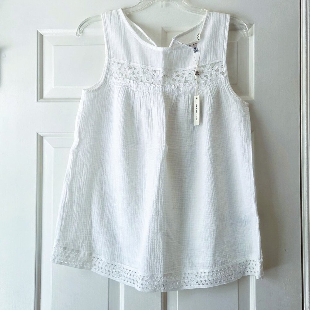 Max Studio Romantic Cotton Lace Eyelet Yoke Blouse White Ladies Top Sleeveless